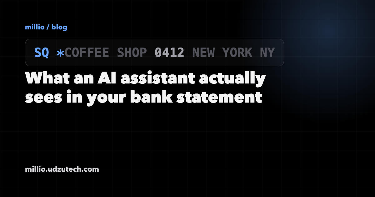 A bank statement line with parts of it highlighted, next to the article title